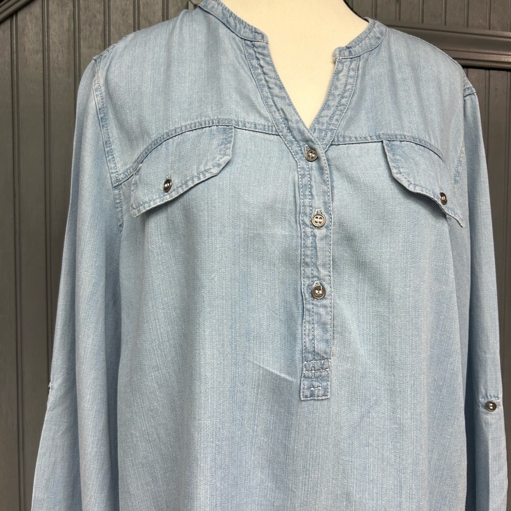 Hester & Orchard Light Wash Chambray Tunic Dress Frayed Hem Size L - Picture 9 of 12